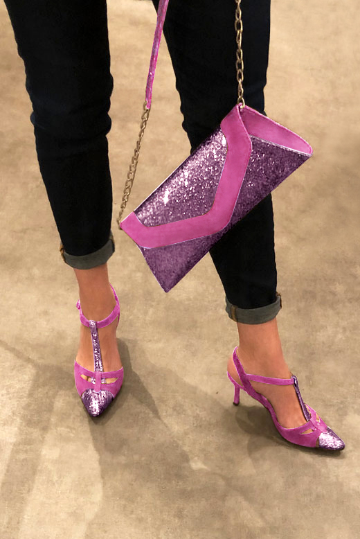 Hot pink women's elegant sneakers. Tapered toe. High slim heel. Worn view - Florence KOOIJMAN
